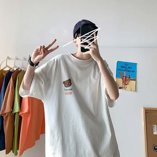 Vista 3 de CYee Camiseta punk de gran tamaño de manga corta para hombre, diseño de oso de dibujos animados japoneses, sudadera gótica Harajuku Streetwear