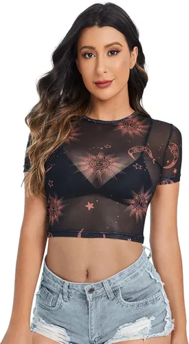Vista 4 de Sweatyrocks - Blusa de manga corta de tela de malla transparente para mujer