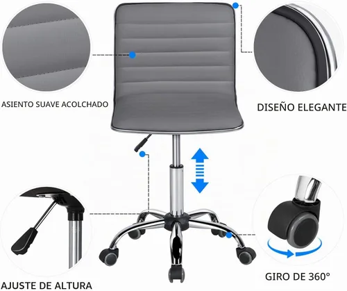 Vista 4 de Yaheetech Silla de oficina de trabajo de polipiel acanalada sin brazos, silla ejecutiva ajustable con respaldo bajo y ruedas, gris