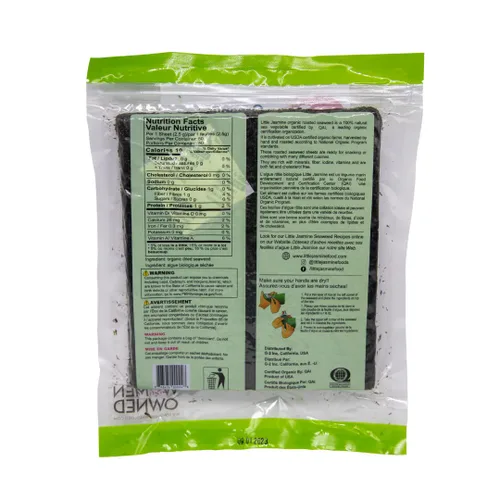 Vista 6 de Little Jasmine Algas tostadas, certificado orgánico USDA, grado premium, 50 hojas completas, fabricadas en Estados Unidos