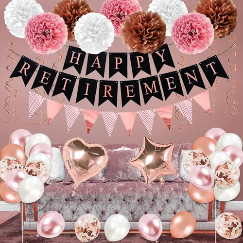 Vista 2 de Decoraciones de Fiesta de Jubilación Oro Rosa, 63 Piezas Decoraciones de Fiesta de Jubilación para Mujeres Pancarta de Feliz Jubilación Remolinos