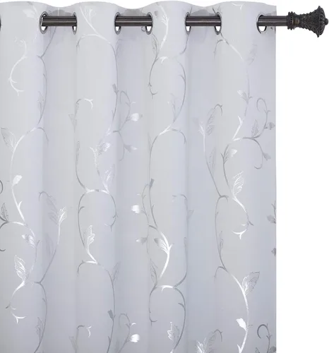 Vista 17 de BUHUA Juego de 2 paneles de cortinas opacas con estampado de vid plateada, cortinas con aislamiento térmico para oscurecer la habitación