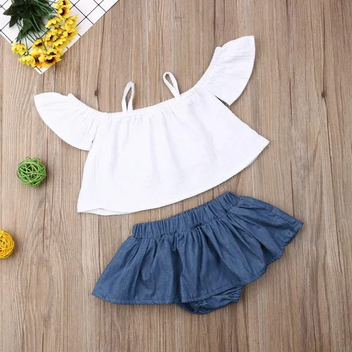 Vista 7 de Conjunto de ropa de verano para bebés y niñas con mangas de algodón y lino y falda vaquera, 2