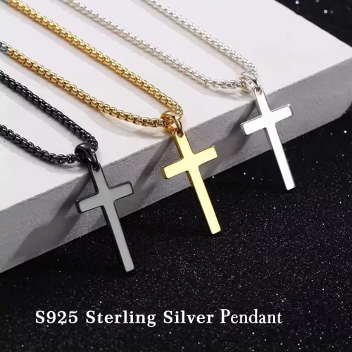 Vista 5 de Ursteel 925 Sterling Silver Cross Pendant Cross Necklace for Men, Mens Cross Necklace 18K Gold Black Silver Chain Necklace for Men Women Girls 16 18