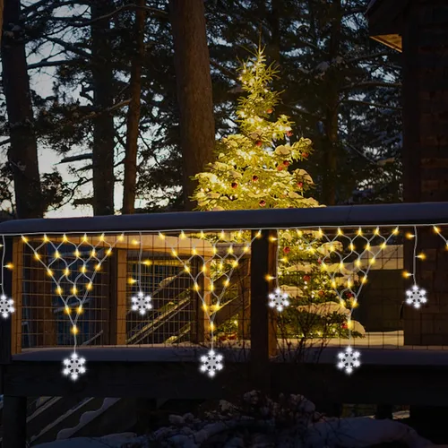 Vista 7 de DBFAIRY Red de luces de Navidad para exteriores, 207 luces LED de red de 13.1 pies de largo x 1.9 pies de alto, con 12 copos de nieve colgantes Copo