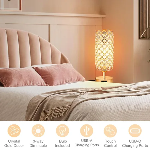 Vista 7 de Lámpara de mesa de cristal, lámpara dorada para dormitorio con puertos de carga USB-C y USB-A, luz regulable de 3 vías con pantalla de cristal