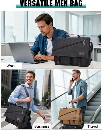 Vista 7 de RAVUO Bolsa de mensajero para hombre, resistente al agua, de lona, 14, 15.6, 17 pulgadas, maletines para laptop, bolsa de hombro de negocios