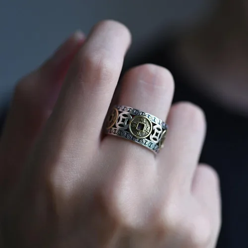 Vista 5 de Anillo de plata 925, anillo chino de la suerte con dinero antiguo, adecuado para joyas ajustables para hombres