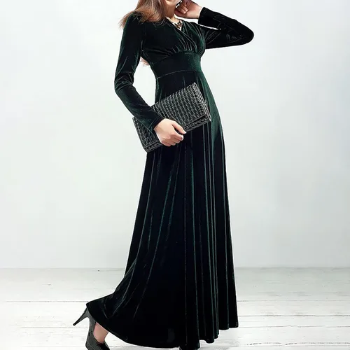 Vista 5 de SGASY Vestido largo de terciopelo elástico de manga larga con cuello en V para mujer, elegante vestido de cóctel con forro A