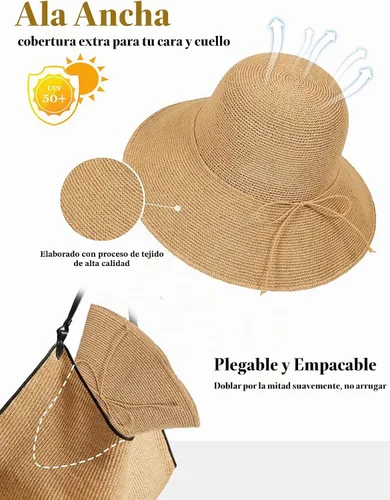 Vista 3 de Sombrero de paja para mujer, ala ancha, plegable, protección UV, gorra de verano para playa, UPF 50+ Caqui