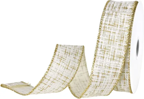 Vista 3 de Homeford Elegante cinta de lino sintético con textura a rayas, 1-1/2 pulgadas, 10 yardas, marfil/dorado