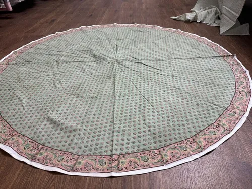 Vista 28 de Mantel redondo con estampado de bloque a mano, 100% algodón, reutilizable, turquesa, verde musgo, 90 pulgadas, mantel decorativo para uso diario