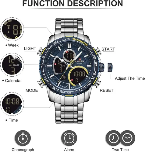 Vista 3 de NAVIFORCE Reloj digital analógico de cuarzo para hombre, de lujo, de acero inoxidable, impermeable, de moda, cronógrafo, militar, multifuncional