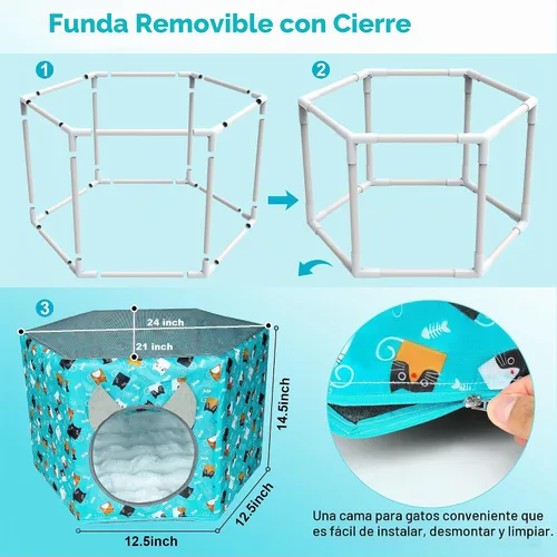 Vista 2 de Camas para gatos de interior, cama hamaca elevada para gatos, casa hexagonal para gatos con malla transpirable y parte inferior antideslizante, cama