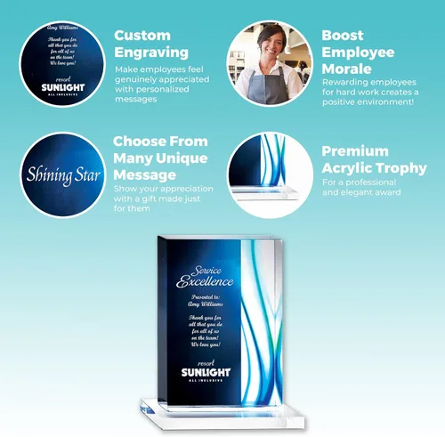 Vista 2 de Trofeo grabado – Acrílico azul – Forma rectangular – Acentos de rayas de colores – Grabado personalizado – Premio para empleados Rectángulo
