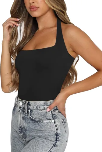 Vista 4 de Body para mujer con cuello cuadrado, sin mangas, sexy, sin espalda, ajustado, para club, Negro