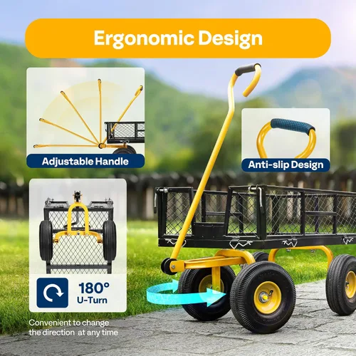 Vista 6 de VIVOHOME Carrito de jardín de acero de malla de alta resistencia de 880 libras de capacidad, vagón utilitario plegable con lados extraíbles y ruedas