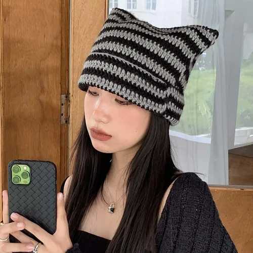 Vista 6 de Lindo gorro de punto para mujer, suéter de lana cálida para otoño e invierno con protección para orejas de gato