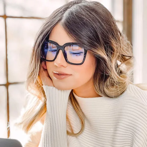 Vista 8 de DIFF Eyewear Bella Designer - Gafas cuadradas de gran tamaño con bloqueo de luz azul para mujer, color negro
