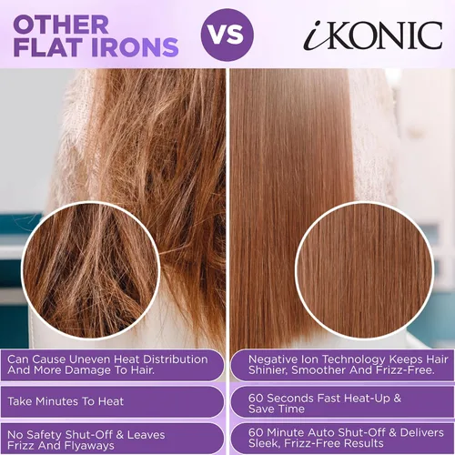 Vista 6 de IKonic Alisador y rizador de pelo de cerámica 100% turmalina, plancha plana de doble voltaje iónico infrarrojo antiestático 2 en 1, placas flotantes