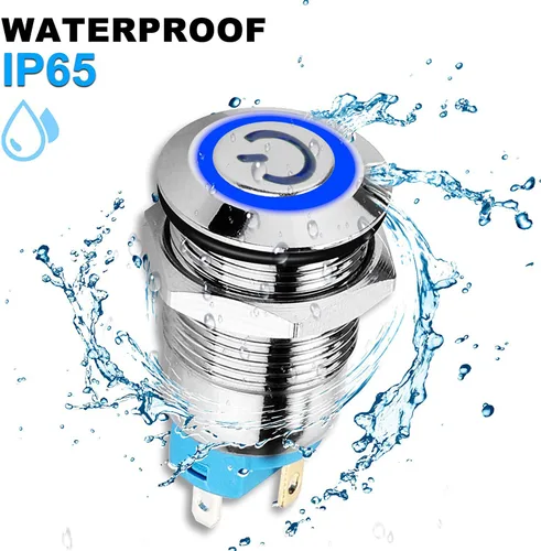 Vista 2 de Gebildet Interruptor de botón de bloqueo automático de acero inoxidable de 0.47 pulgadas/0.472 in, 12 V-24 V, 3 A, símbolo de alimentación, LED