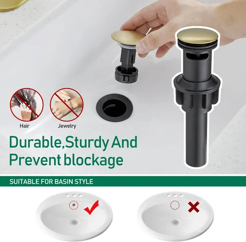 Vista 4 de VOTON - Grifo de fregadero de baño de oro cepillado con una sola manija y desagüe desplegable para lavabo de 1 agujero o 3 agujeros con placa