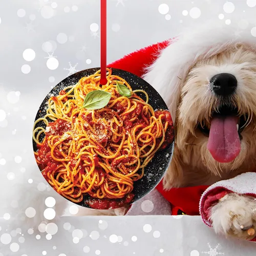 Vista 3 de Adorno navideño de espagueti, divertido, árbol de comida, colgante, tomate, Italia, fideos, relleno de calcetín de cerámica, regalo para niño