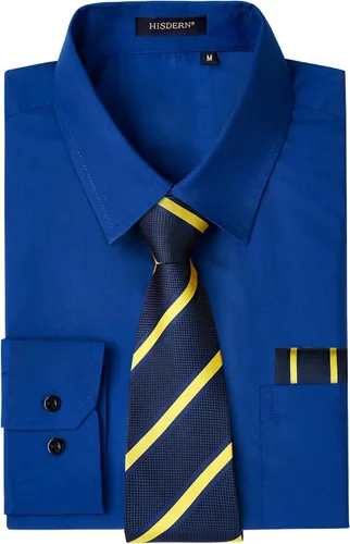 Vista 26 de HISDERN Mens Dress Shirt with Tie Pocket Square Set Classic Button Down Shirt Matching Tie Long Sleeve Shirts 08-verde
