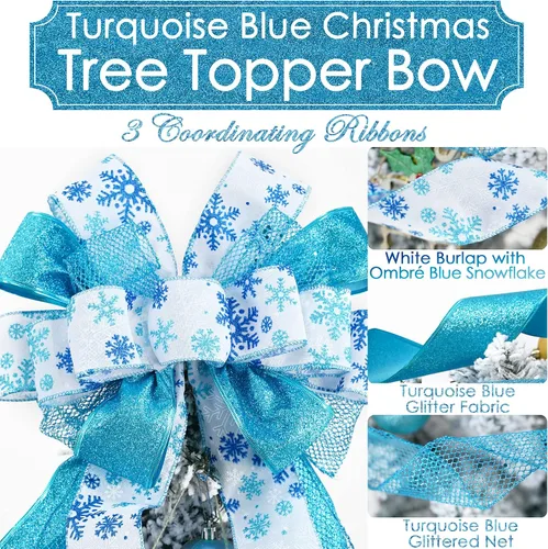 Vista 2 de MEEDEE Adorno Superior Azul para Árbol de Navidad de 12" de Ancho Lazos de Navidad con Purpurina Lazo de Cinta de Copo de Nieve Lazos Superiores