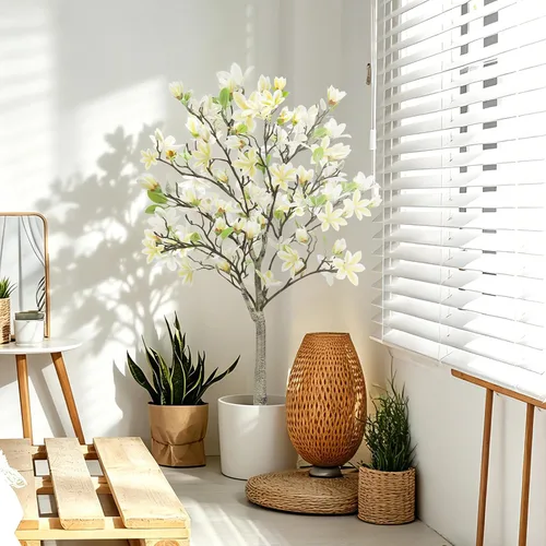 Vista 6 de Árbol de magnolia artificial de 4 pies para habitación, planta sintética Beige y amarillo