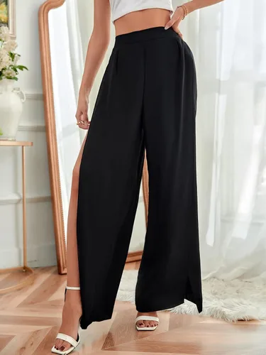 Vista 5 de WDIRARA Pantalones largos para mujer con cintura elástica dividida, pierna ancha, lazo frontal