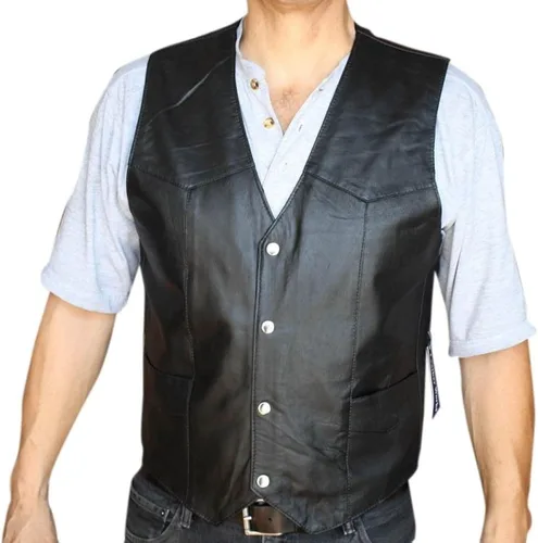 Vista 4 de Chaleco de motocicleta para hombre, piel suave, color negro Syle 950