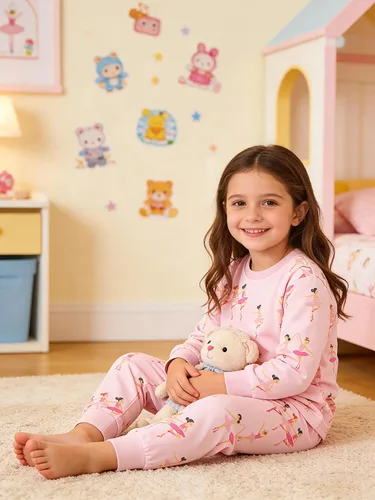 Vista 4 de Popshion Pijamas de sirena para niñas pequeñas, juego de 2 piezas, ropa de dormir 100% algodón, ropa para niños, pijamas estilo mariquita