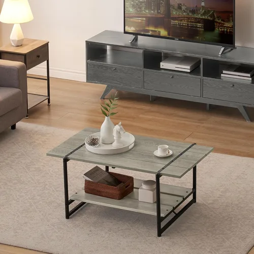 Vista 4 de Mesa auxiliar para sala de estar, mesas de sala de estar de 2 niveles, mesa de centro moderna para sala de estar, mesa de centro de madera de granja