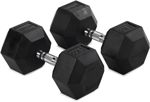 Vista 19 de Titan Fitness Pair Rubber Coated Hex Dumbbells, Roll-Resistant Hexagonal Free Weights, Chrome-Coated Handles with Knurling, Strength Training