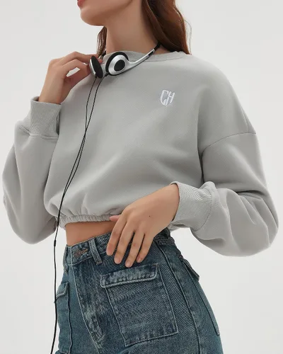 Vista 3 de CHYRII Sudadera corta de gran tamaño para mujer, de forro polar, cuello redondo, manga larga, para otoño e invierno