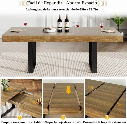 Vista 5 de Juego de mesa de comedor extensible de 5 piezas para 4, mesa de cocina de madera marrón de 63-78.7 pulgadas con 4 sillas acolchadas beige, juego