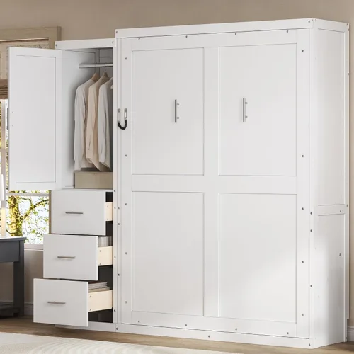 Vista 3 de Cama Murphy de tamaño matrimonial con armario de almacenamiento, ropa y 3 Blanco