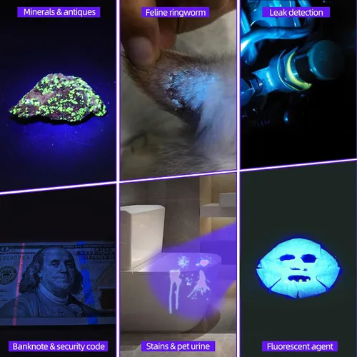 Vista 7 de DARKBEAM Linterna UV de 365 nm de luz negra, 3 linternas LED ultravioleta de 20 W, potentes lámparas de madera, luz UV recargable USB-C