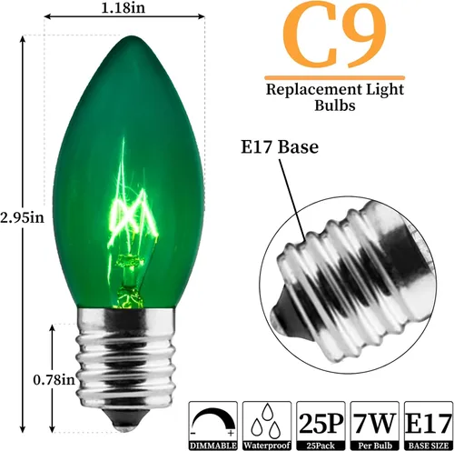 Vista 2 de Paquete de 25 bombillas de repuesto C9 verdes incandescentes, bombillas de Navidad C9 para patio, decoración del día de San Patricio, Navidad, base