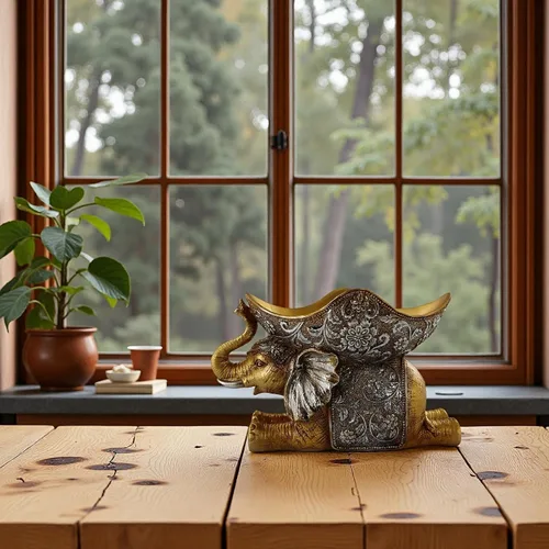 Vista 5 de Lescafita Escultura de Elefante Africano Dorado, Exquisita Decoración Animal para el Hogar, con Bandeja de Almacenamiento en la Parte Superior
