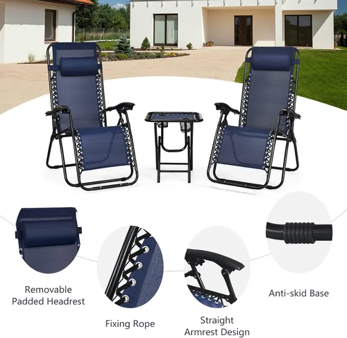 Vista 8 de HAPPYGRILL Juego de sillas de salón Zero Gravity con mesa auxiliar, sillas reclinables plegables con mesa auxiliar y almohada, juego de 3 piezas