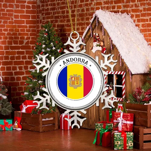 Vista 5 de Adornos de bandera de Andorra para árbol de Navidad, bandera nacional, silueta de Andorra, decoraciones de árbol de Navidad, copo de nieve, metal
