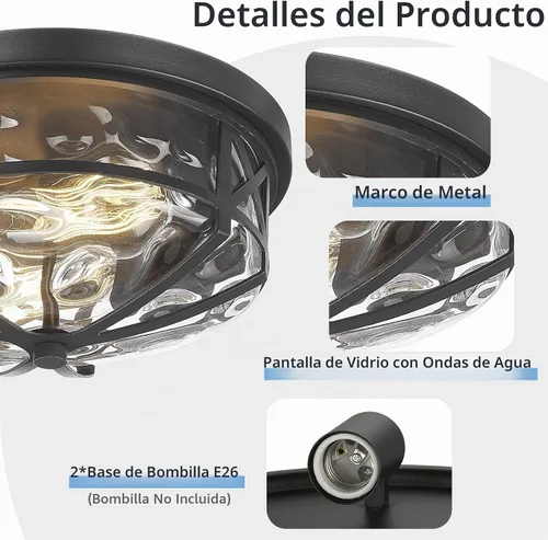 Vista 3 de Darkaway Lámpara de Techo Empotrada para Interiores y Exteriores Accesorios de Iluminación de Techo con Pantalla de Vidrio con Ondas de Agua