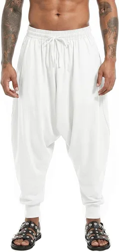 Vista 8 de perdontoo Pantalones harén para hombre, ajuste holgado, cintura elástica, cordón ajustable, pantalones hippie Aladdin beige
