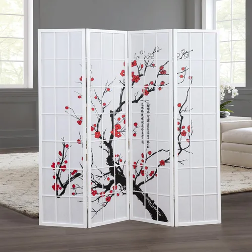 Vista 3 de Roundhill Biombo negro de 4 paneles con diseño japonés de flor de ciruelo