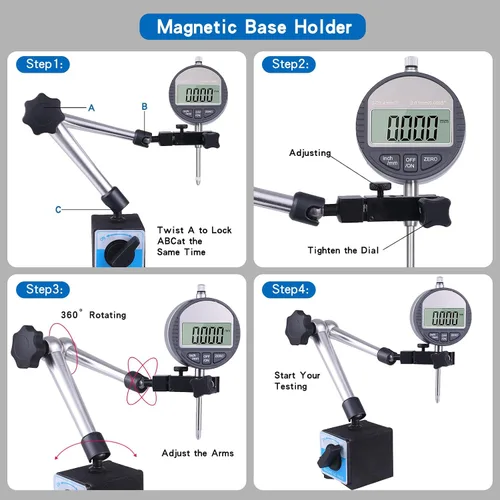 Vista 4 de Indicador de esfera digital electrónico con base magnética ajustable de precisión, brazo largo 0-1" / 25.4mm, conversión de pulgadas/metros, medidor