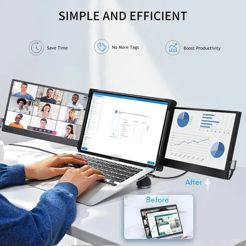 Vista 3 de Monitor Portátil Triple P2 para Laptop, Extensor de Pantalla de 12 Pulgadas, Extensor de Monitores Duales FHD 1080P, Pantalla IPS