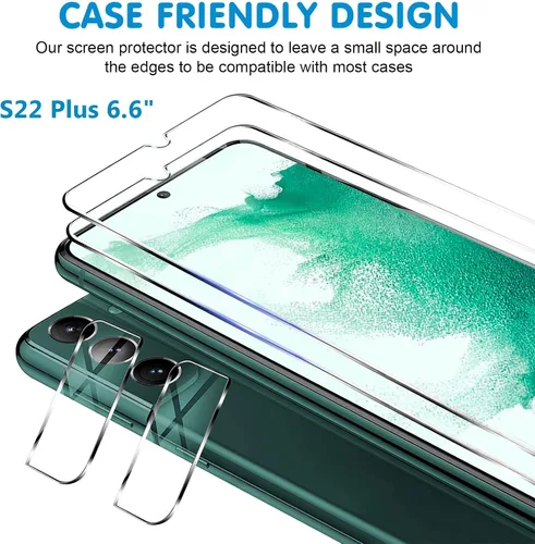 Vista 5 de [Paquete de 3+3] Protector de pantalla de vidrio para Samsung Galaxy S22 Plus 5G, vidrio templado 9H, compatible con huellas dactilares