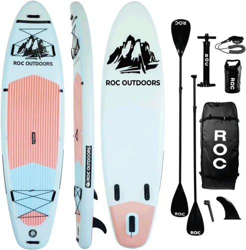 Vista 19 de Roc Tabla de remo inflable con accesorios y mochila de alta calidad, cubierta antideslizante, bolsa impermeable, correa, remo y bomba de mano.
